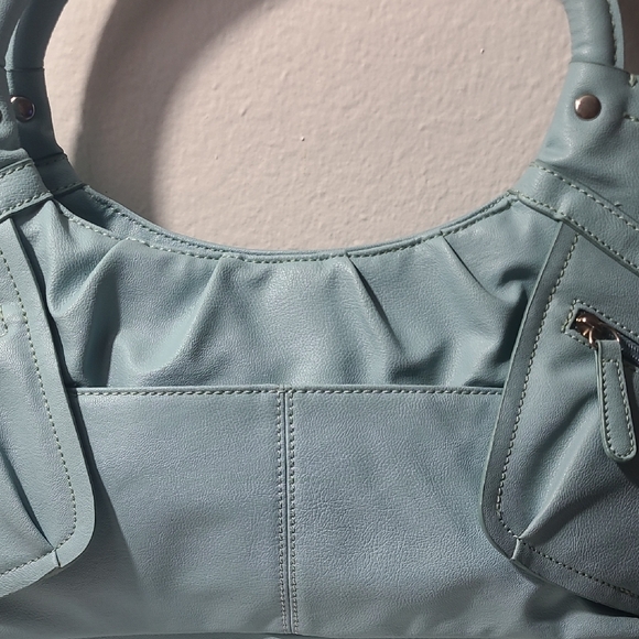 Y2K Blue Faux Leather Shoulder Bag | Slouchy Mini Tote w/ Zip Pockets - Picture 5 of 16